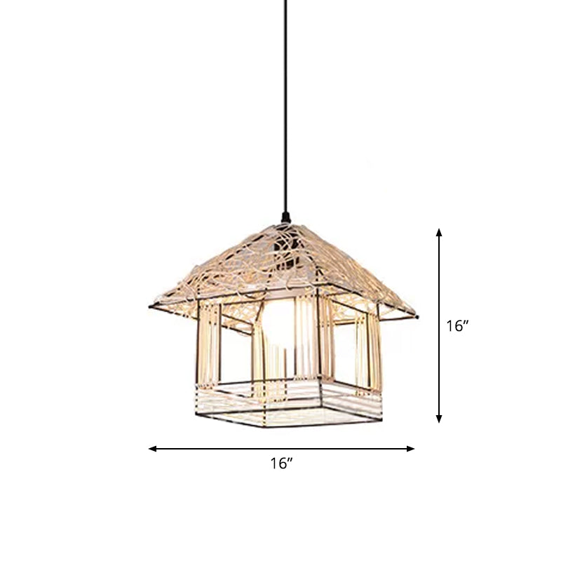 Modernist Rattan Pendant Light - 1-Light Beige Hanging Lamp for Table - Ruffled Hat/Spiral Design