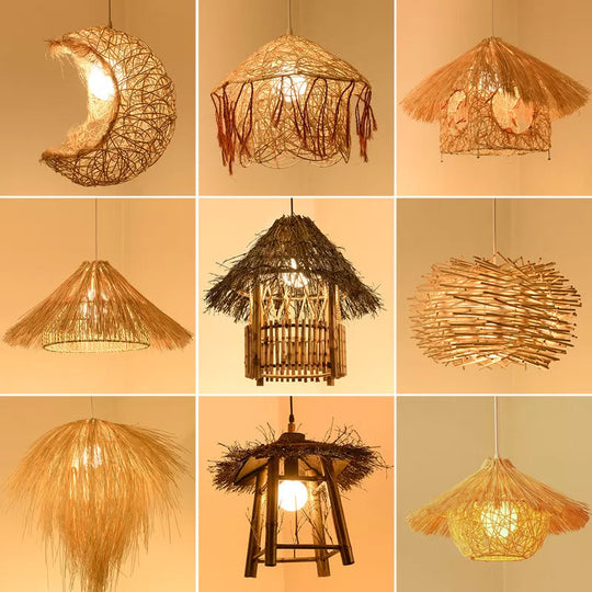 Asian Style Bamboo Woven Pendant Light - Beige Cone/Crescent/House Design