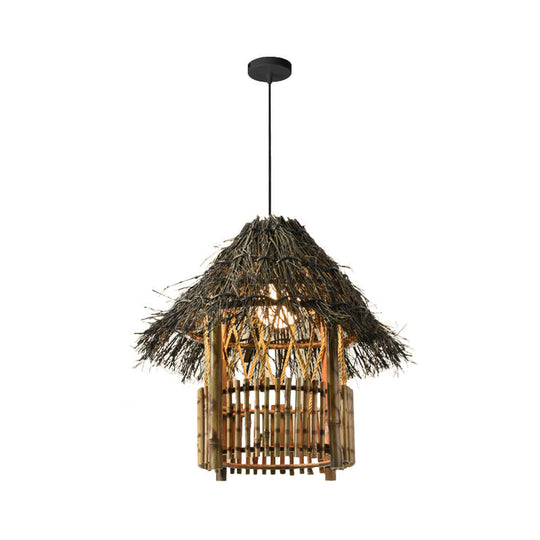 Asian Style Beige Pendant Light With Bamboo Woven Cone/Crescent Design - 1 Head Hanging Ceiling