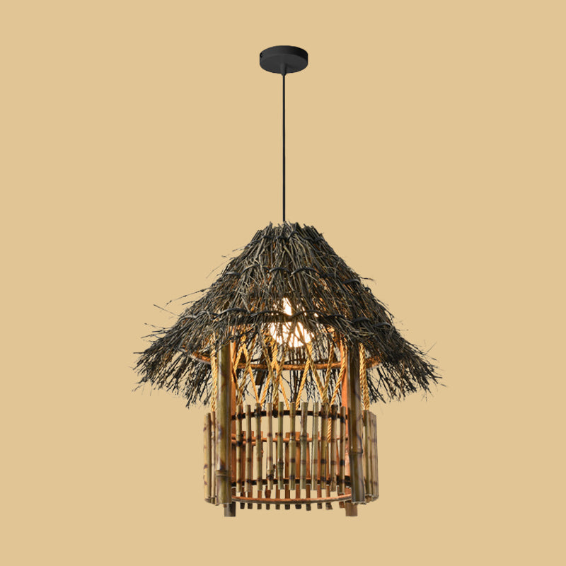 Asian Style Bamboo Woven Pendant Light - Beige Cone/Crescent/House Design