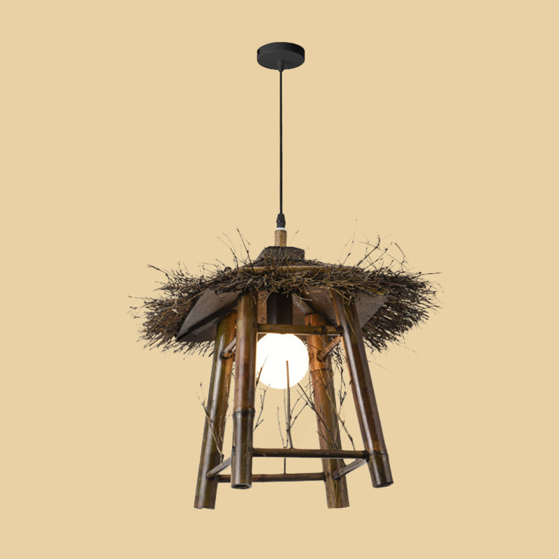 Asian Style Bamboo Woven Pendant Light - Beige Cone/Crescent/House Design