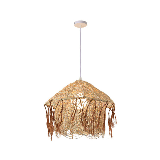 Asian Style Bamboo Woven Pendant Light - Beige Cone/Crescent/House Design