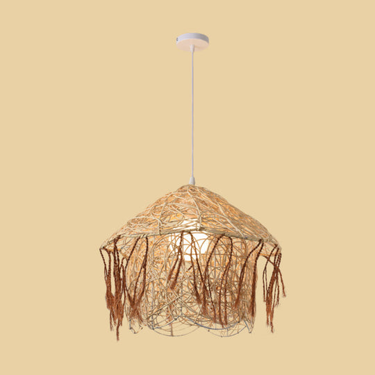 Asian Style Bamboo Woven Pendant Light - Beige Cone/Crescent/House Design