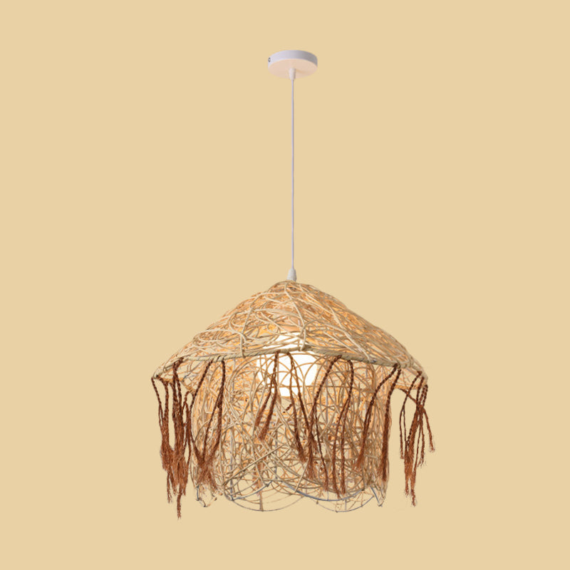 Asian Style Beige Pendant Light With Bamboo Woven Cone/Crescent Design - 1 Head Hanging Ceiling