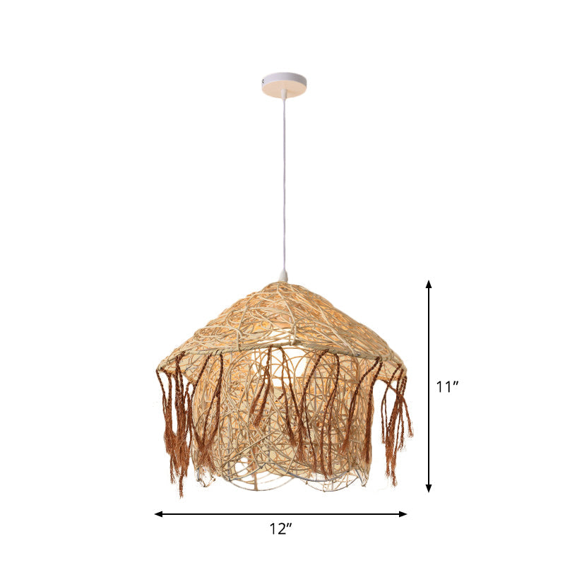 Asian Style Bamboo Woven Pendant Light - Beige Cone/Crescent/House Design