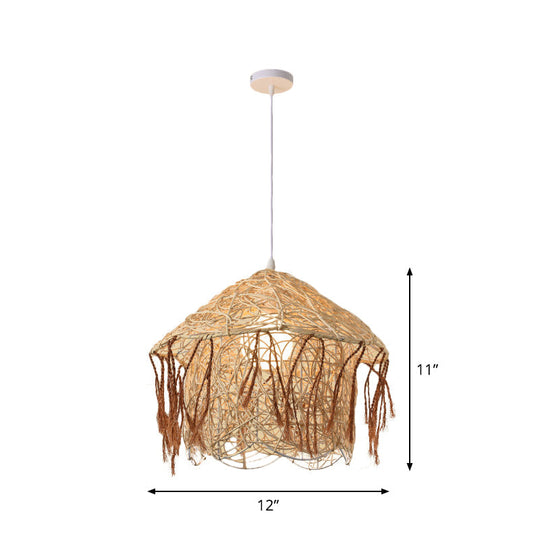 Asian Style Bamboo Woven Pendant Light - Beige Cone/Crescent/House Design