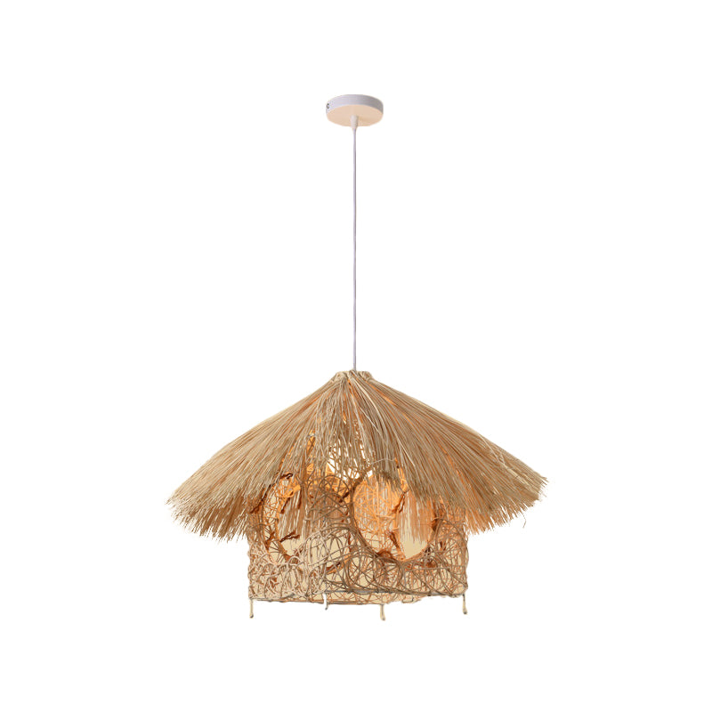 Asian Style Bamboo Woven Pendant Light - Beige Cone/Crescent/House Design