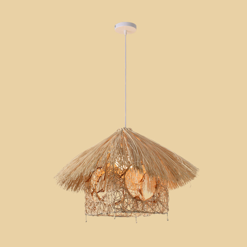 Asian Style Bamboo Woven Pendant Light - Beige Cone/Crescent/House Design