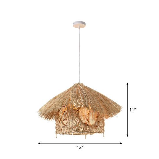 Asian Style Beige Pendant Light With Bamboo Woven Cone/Crescent Design - 1 Head Hanging Ceiling