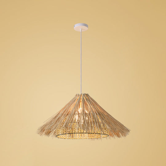 Asian Style Bamboo Woven Pendant Light - Beige Cone/Crescent/House Design