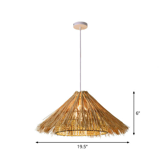 Asian Style Beige Pendant Light With Bamboo Woven Cone/Crescent Design - 1 Head Hanging Ceiling