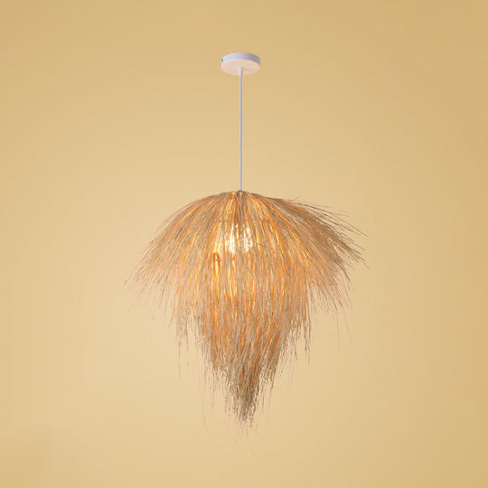 Asian Style Beige Pendant Light With Bamboo Woven Cone/Crescent Design - 1 Head Hanging Ceiling