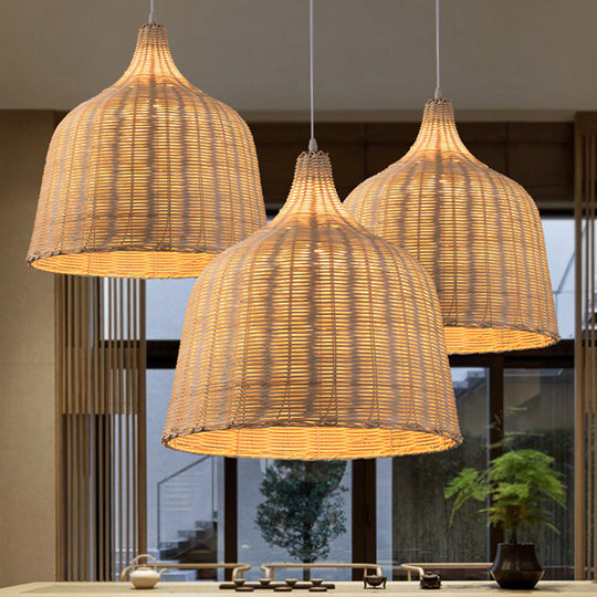 Contemporary Rattan Cloche Pendant Light - Beige 1-Bulb Tearoom Ceiling Lamp (10/14/23.5 Width