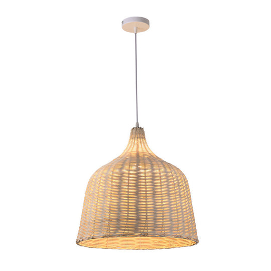 Contemporary Rattan Cloche Pendant Light - Beige 1-Bulb Tearoom Ceiling Lamp (10/14/23.5 Width