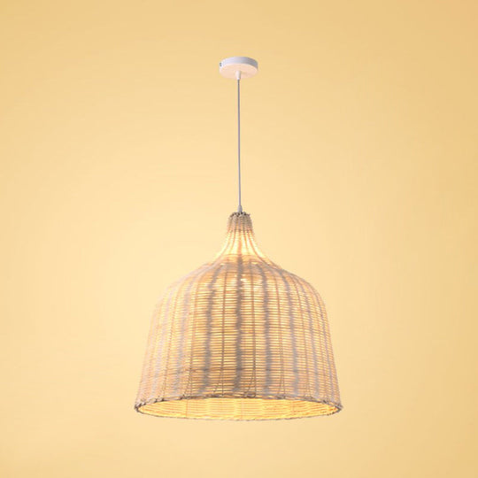 Contemporary Rattan Cloche Pendant Light - Beige 1-Bulb Tearoom Ceiling Lamp (10/14/23.5 Width