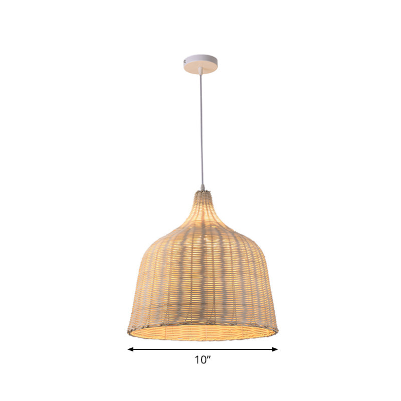 Contemporary Rattan Cloche Pendant Light - Beige 1-Bulb Tearoom Ceiling Lamp (10/14/23.5 Width