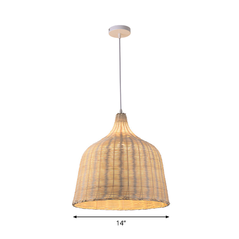 Contemporary Rattan Cloche Pendant Light - Beige 1-Bulb Tearoom Ceiling Lamp (10/14/23.5 Width