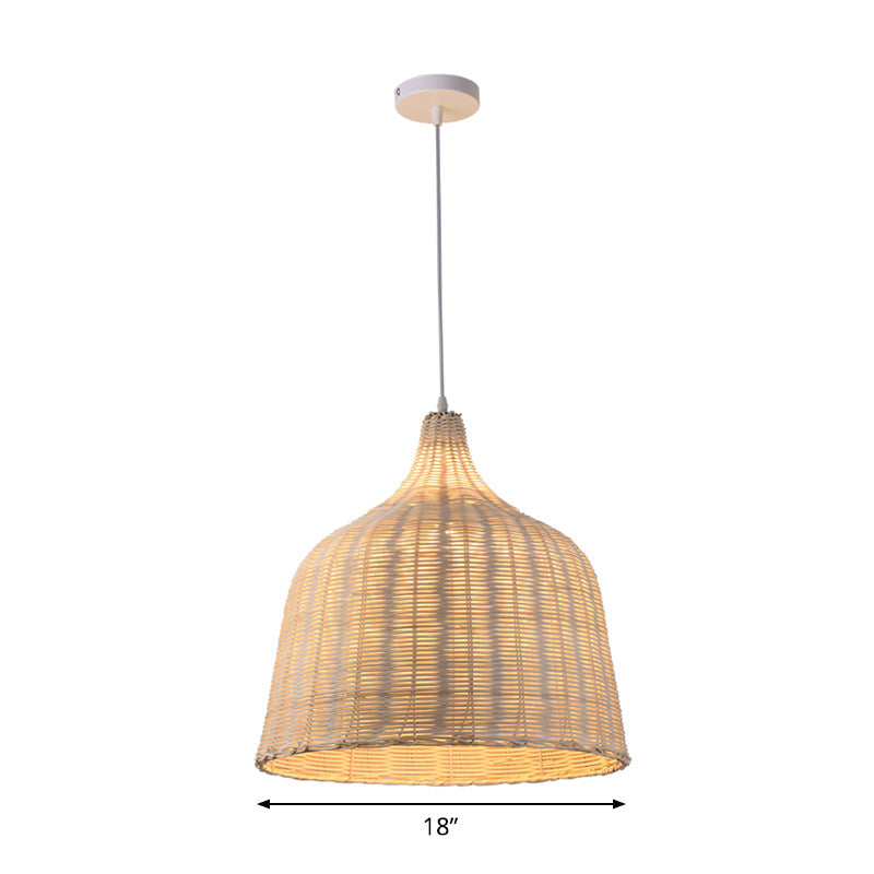 Contemporary Rattan Cloche Pendant Light - Beige 1-Bulb Tearoom Ceiling Lamp (10/14/23.5 Width