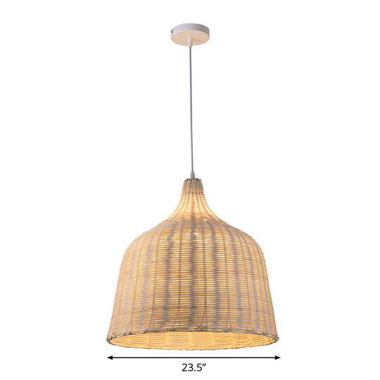 Contemporary Rattan Cloche Pendant Light - Beige 1-Bulb Tearoom Ceiling Lamp (10/14/23.5 Width