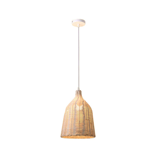 Contemporary Rattan Cloche Pendant Light - Beige 1-Bulb Tearoom Ceiling Lamp (10/14/23.5 Width