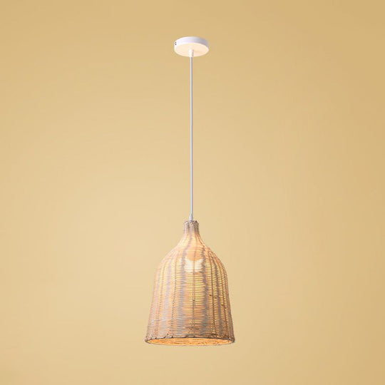 Contemporary Rattan Cloche Pendant Light - Beige 1-Bulb Tearoom Ceiling Lamp (10/14/23.5 Width