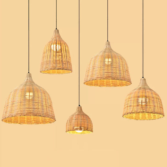 Bamboo Bell Hanging Lamp: Handcrafted 1-Light Pendant for Restaurants - 10"/12"/23.5" Wide, Beige Down Lighting