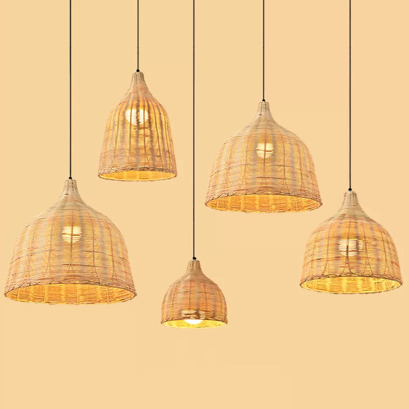 Asia Bamboo 1-Light Hand-Worked Bell Hanging Lamp - Beige Down Lighting Pendant For Restaurants