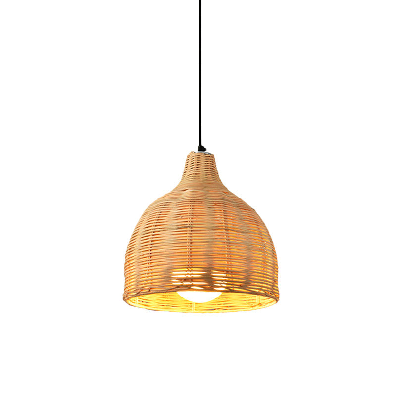 Asia Bamboo 1-Light Hand-Worked Bell Hanging Lamp - Beige Down Lighting Pendant For Restaurants