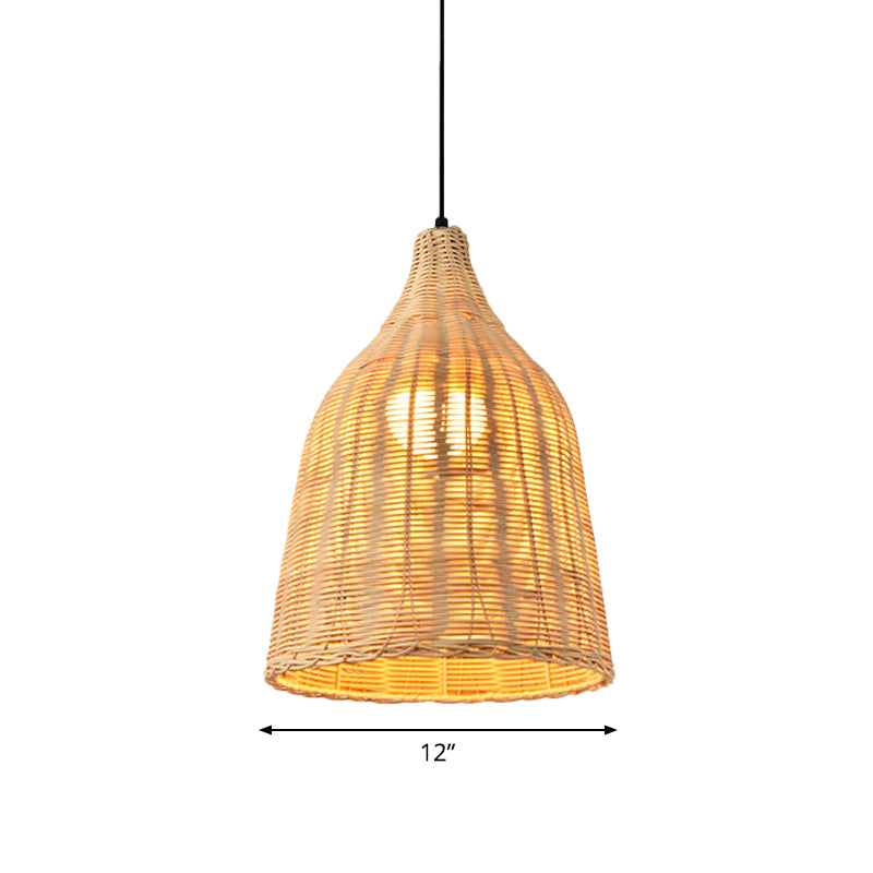 Asia Bamboo 1-Light Hand-Worked Bell Hanging Lamp - Beige Down Lighting Pendant For Restaurants