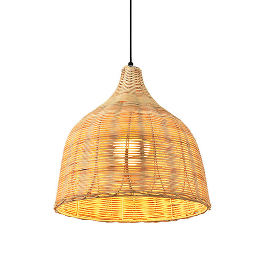 Asia Bamboo 1-Light Hand-Worked Bell Hanging Lamp - Beige Down Lighting Pendant For Restaurants