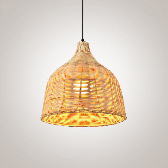 Asia Bamboo 1-Light Hand-Worked Bell Hanging Lamp - Beige Down Lighting Pendant For Restaurants