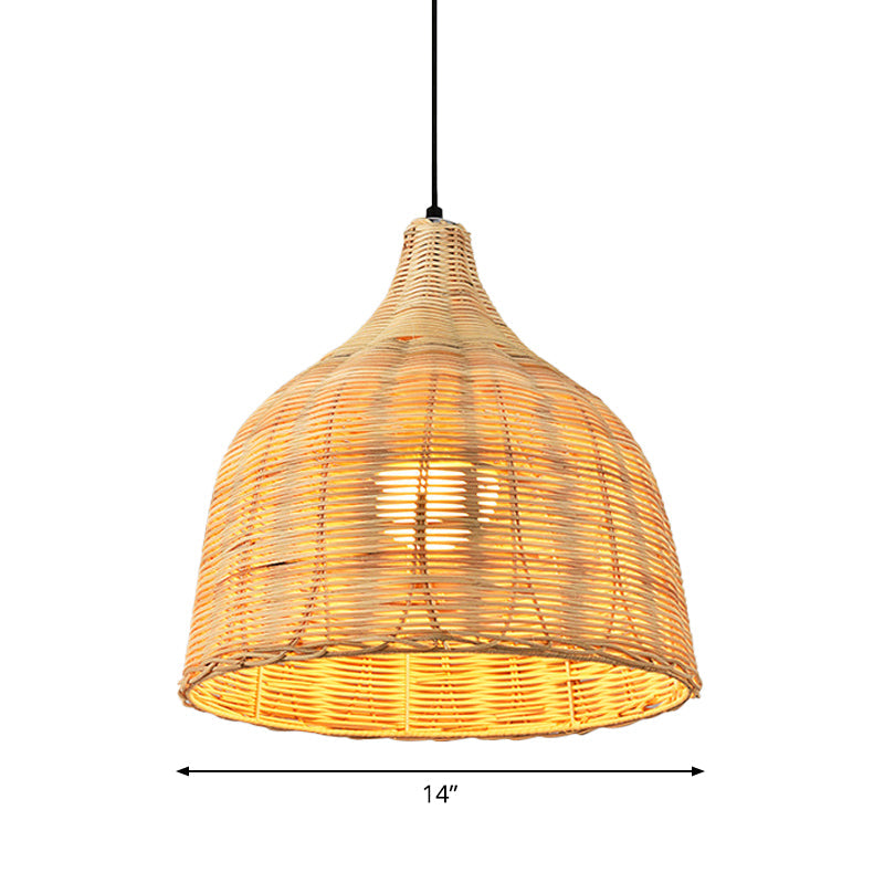 Asia Bamboo 1-Light Hand-Worked Bell Hanging Lamp - Beige Down Lighting Pendant For Restaurants