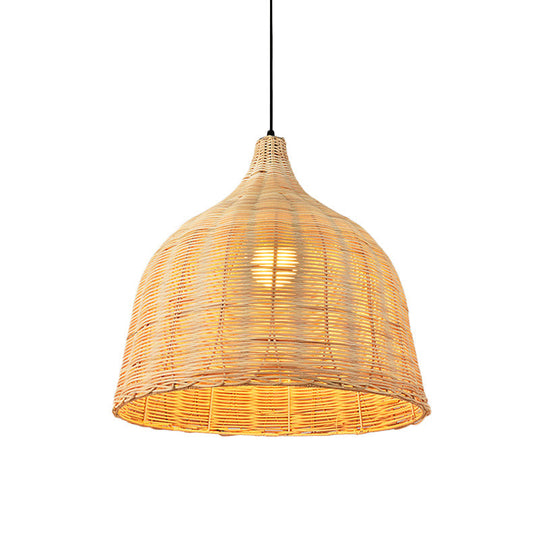 Asia Bamboo 1-Light Hand-Worked Bell Hanging Lamp - Beige Down Lighting Pendant For Restaurants