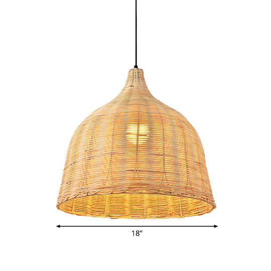 Asia Bamboo 1-Light Hand-Worked Bell Hanging Lamp - Beige Down Lighting Pendant For Restaurants