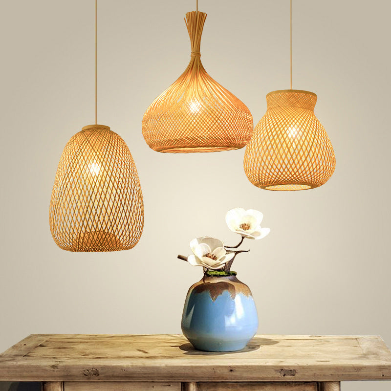 Bamboo Pendant Lamp for Restaurants - Asian Style, Globular, Twisted Shape in Beige