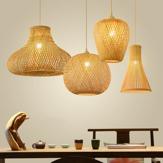 Bamboo Pendant Lamp for Restaurants - Asian Style, Globular, Twisted Shape in Beige