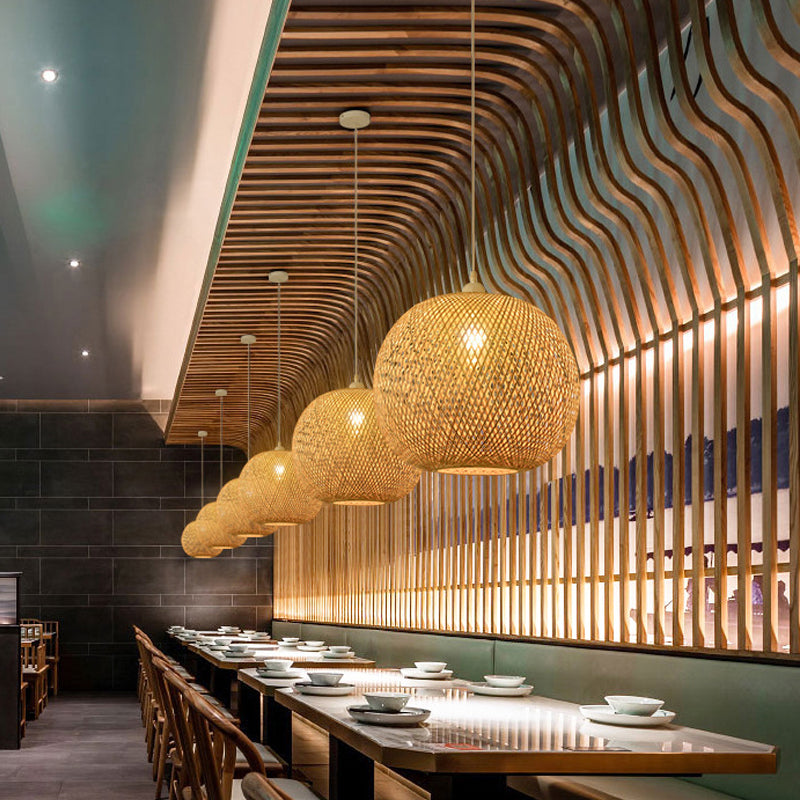 Bamboo Pendant Lamp for Restaurants - Asian Style, Globular, Twisted Shape in Beige