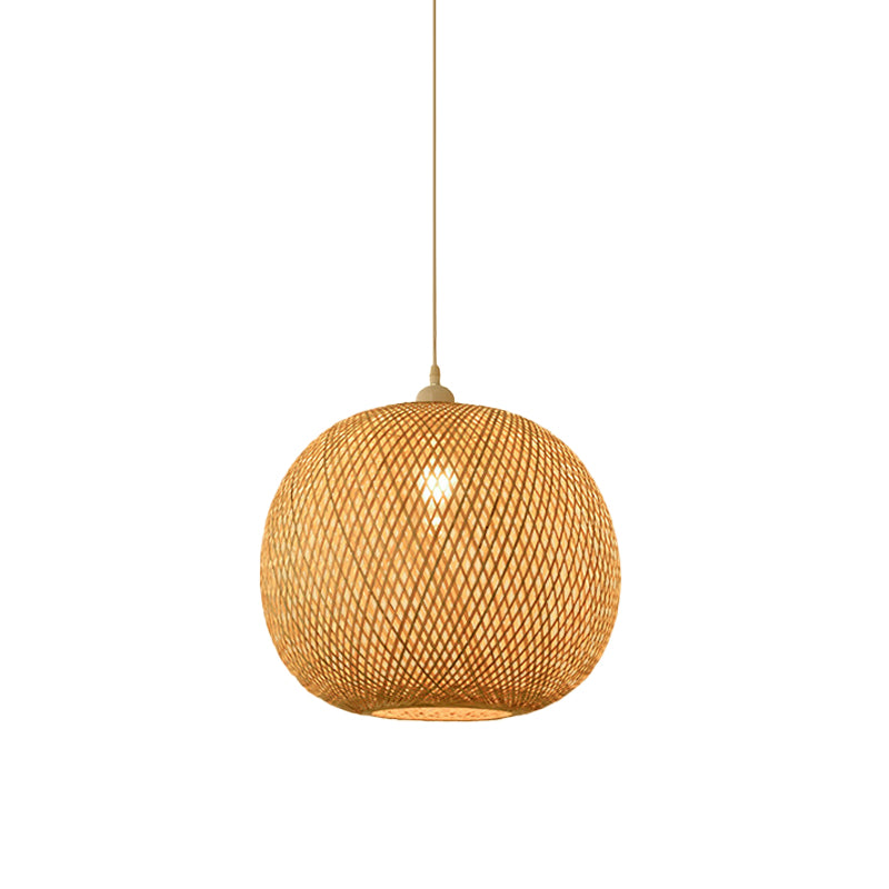 Bamboo Pendant Lamp for Restaurants - Asian Style, Globular, Twisted Shape in Beige