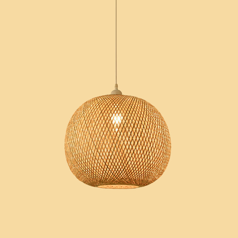 Bamboo Pendant Lamp for Restaurants - Asian Style, Globular, Twisted Shape in Beige