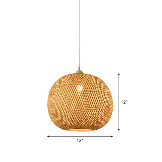 Bamboo Pendant Lamp for Restaurants - Asian Style, Globular, Twisted Shape in Beige