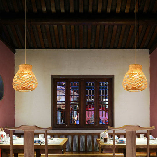 Bamboo Pendant Lamp for Restaurants - Asian Style, Globular, Twisted Shape in Beige