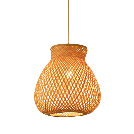 Bamboo Pendant Lamp for Restaurants - Asian Style, Globular, Twisted Shape in Beige