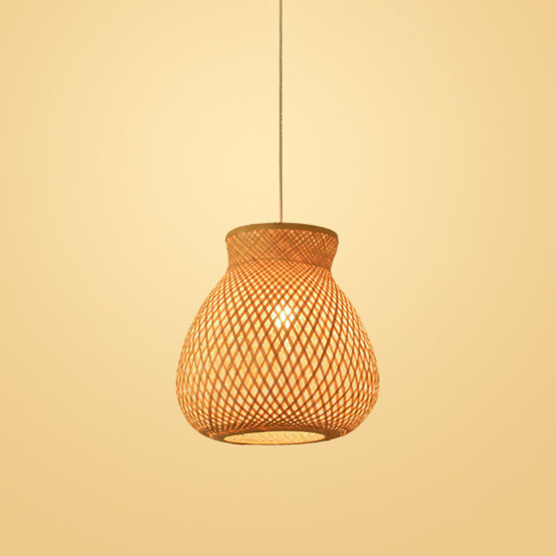 Bamboo Pendant Lamp for Restaurants - Asian Style, Globular, Twisted Shape in Beige