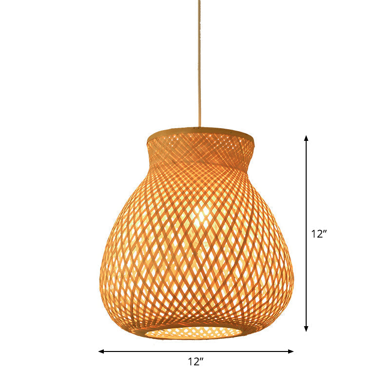 Bamboo Pendant Lamp for Restaurants - Asian Style, Globular, Twisted Shape in Beige