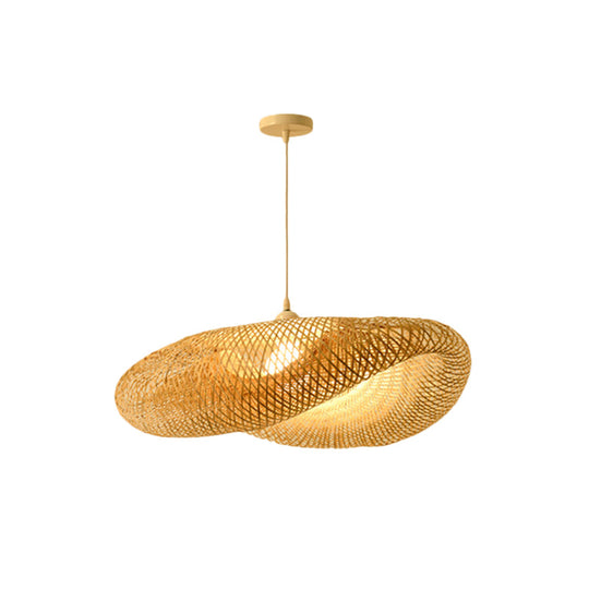 Bamboo Pendant Lamp for Restaurants - Asian Style, Globular, Twisted Shape in Beige