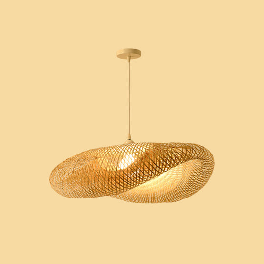 Bamboo Pendant Lamp for Restaurants - Asian Style, Globular, Twisted Shape in Beige