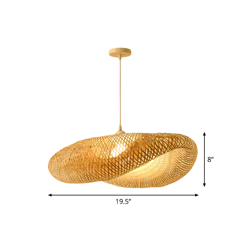 Bamboo Pendant Lamp for Restaurants - Asian Style, Globular, Twisted Shape in Beige