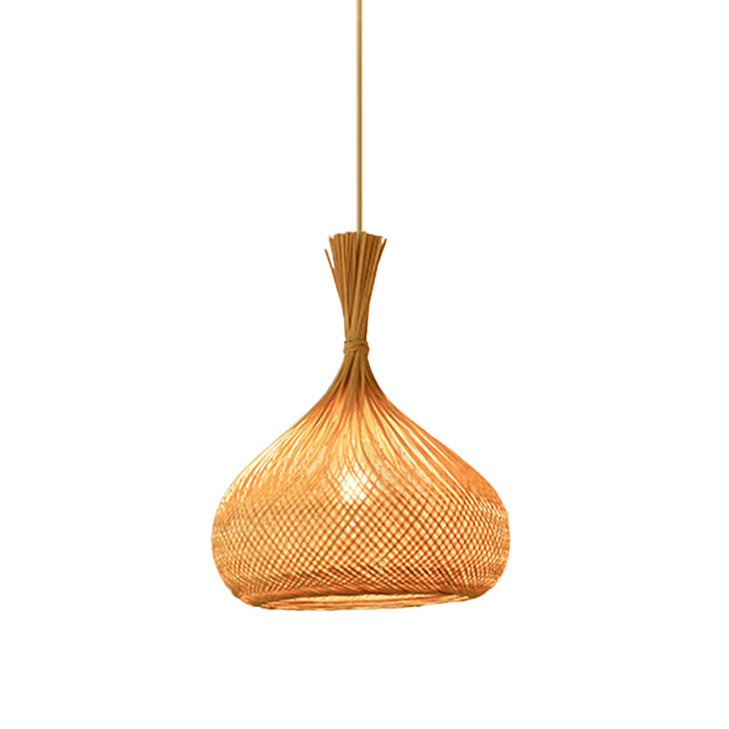 Bamboo Pendant Lamp for Restaurants - Asian Style, Globular, Twisted Shape in Beige