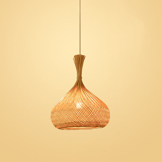 Bamboo Pendant Lamp for Restaurants - Asian Style, Globular, Twisted Shape in Beige