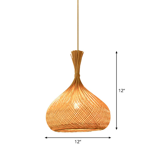 Bamboo Pendant Lamp for Restaurants - Asian Style, Globular, Twisted Shape in Beige